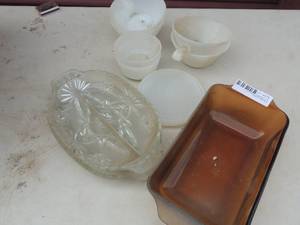 lot 476 image: Divided glass dish x 2 Milk glass custard cup x  Bowls with handels 4
