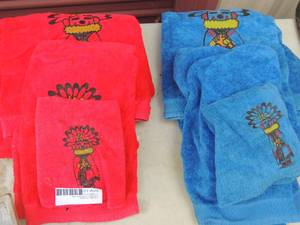 lot 526 image: Red and light blue towels with Indian embroidery