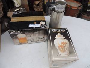 lot 594 image: Nordic tankard set, White Iris temple jar  metal tankards