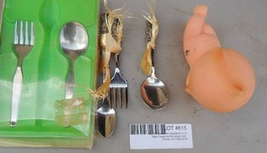 lot 615 image: Toddler fork and spoon and set of Oneida toddler rabbit flatwear