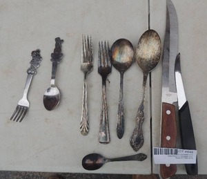 lot 649 image: Roger Bros. spoon, Minnie Mouse Fork,, Pluto spoon 