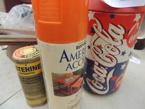 lot 671 image: Coke bank, small bottle of Listerine and orange spray paint