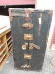 VINTAGE STEAMER TRUNK -N 4 DRAWERS, WOODEN HANGERS, IRONONG BOARD, DUST COVER