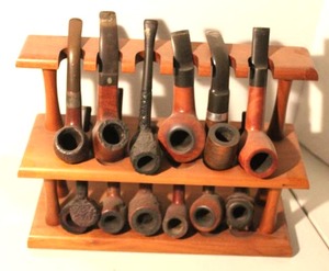 lot 138 image: vintage wooden smoking pipes displayed with a collection of pipes see pictures