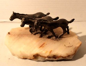 lot 151 image: vintage metal figurine sculpture of  horses on a marble base also signed