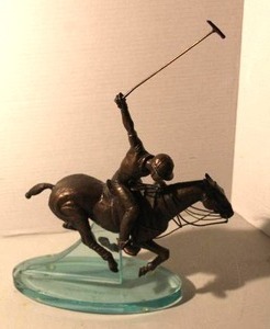 lot 160 image: vintage patinated bronze sculpture of a polo player on a horse