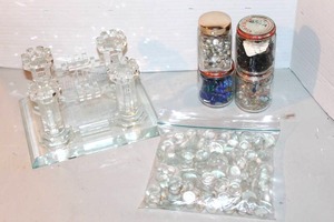 lot 163 image: City Gates crystal figurine  and  glass jars filled with vintage-style costume jewelry, beads and more see pictures