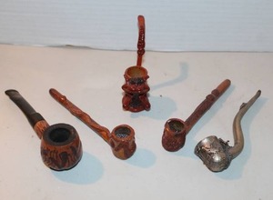 lot 175 image: handcrafted, figural wooden tobacco pipes.and others see pictures