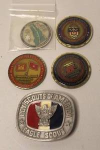 lot 198 image: Boy Scouts of America Eagle Scout belt buckle & military-themed commemorative challenge coins