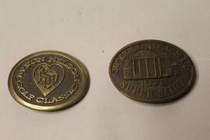 lot 202 image: vintage 1981 Byron Nelson Golf Classic brass belt buckle & 30th Colonial N.I.T Super Saint Belt Buckle from 1978