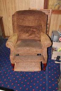 lot 207 image: vintage tan paisley La-Z-Boy wingback recliner with wooden claw feet