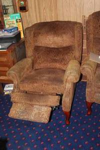 lot 208 image: vintage tan paisley La-Z-Boy wingback recliner with wooden claw feet