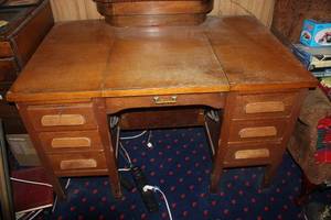 lot 225 image: vintage oak typewriter desk featuring a central flip-top mechanism see pictures