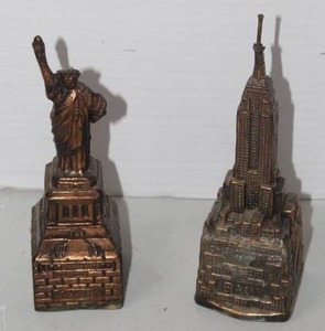 lot 232 image: bronze-colored metal Empire State Building replica coin bank & vintage cast metal souvenir figurine of the Statue of Liberty bank