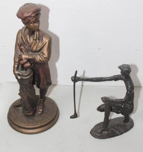 lot 233 image: Austin Sculpture bronze-finish resin golf caddy figure & vintage bronze brutalist kneeling golfer sculpture