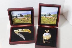 lot 237 image: collectible Franklin Mint pocket knife featuring wildlife artwork & vintage gold-tone pocket watch both in wooden presentation box