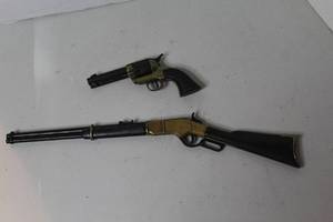 lot 238 image: model of a lever-action rifle works & non-firing Denix replica Peacemaker 1873 revolver with a two-tone finish