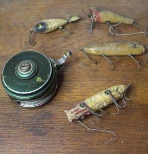lot 267 image: collection features several vintage wooden fishing lures and a fly fishing reel