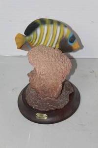 lot 272 image: Mygiftcottage resin decorative yellow and blue tropical fish figurine on a coral stand