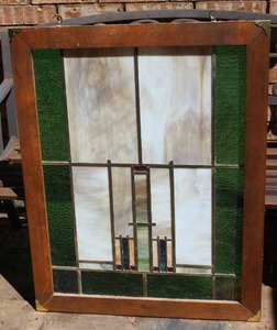 lot 274 image: antique leaded stained glass window in the Prairie School style about 30x38