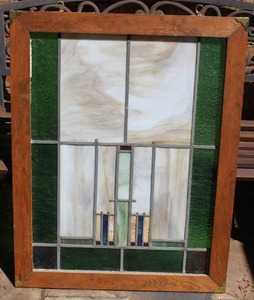 lot 275 image: antique leaded stained glass window in the Prairie School style about 30x38