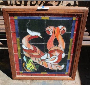 lot 276 image: vintage wood-framed stained glass art panel about 23x30