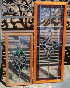 lot 278 image: 2-vintage beveled glass window panel set in a  wood frame small about 11x23 large about 14x36