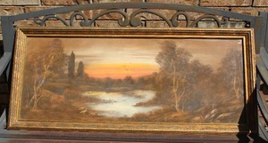 lot 283 image: framed landscape painting signed by Mrs. Calkins about 20x45
