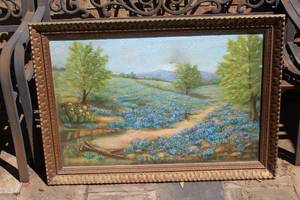 lot 284 image: vintage oil painting of a Texas Hill Country bluebonnet landscape and painting is signed by artist about 29x41