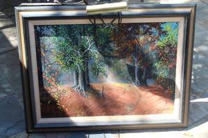 lot 285 image: landscape painting depicting a forest scene by Texas artist Jack Bryant about 26x35