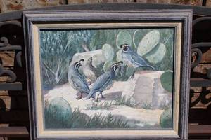 lot 286 image: framed painting of birds in a desert landscape setting show the signature B.REIDER on a painting about 20x24