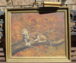 lot 287 image: framed wildlife art piece depicting a leopard resting in a tree, signed by artist Jack Bryant about 24x28