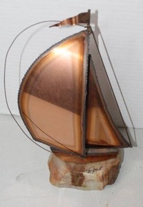 lot 293 image: vintage DeMott mid-century modern sailboat sculpture crafted from copper, brass wire, and a quartz or marble base signed