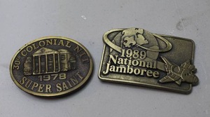 lot 300 image: vintage 1978 Colonial National Invitational Tournament (NIT) belt buckle & vintage Boy Scouts of America 1989 National Jamboree belt buckle