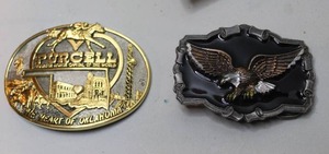 lot 301 image: vintage Purcell, Oklahoma Quarter Horse Capital of the World metal belt buckle & Vintage 1983 Great American Buckle Co. enameled eagle belt buckle