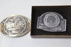 lot 304 image: vintage 1992 Oklahoma State Fair Land of Energy solid brass belt buckle & vintage Good Sam Club Life Member pewter belt buckle