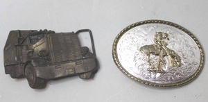 lot 310 image: vintage Bergamot Brass Works semi-truck belt buckle & silver-toned Western belt buckle