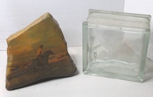 lot 345 image: cowboy themed artwork painted on a marble slab & glass block