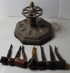 lot 355 image: vintage pipe stand set with tobacco pipes one has Kaywoodie Super Grain smoking pipe took pictures of all see pictures for details