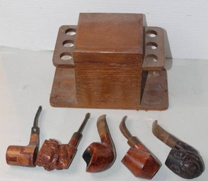 lot 368 image: vintage wooden pipe humidor and rack set with a collection of pipes see pictures