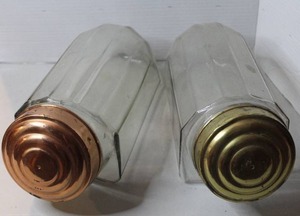 lot 374 image: vintage hexagonal glass apothecary or storage jars with metallic lids