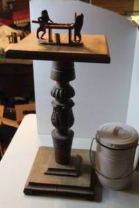 lot 378 image: white metal kitchen compost bin &  vintage Mexican anthropomorphic taxidermy frog display featuring two frogs playing pool &  pedestal plant stand or display table featuring a carved baluster column