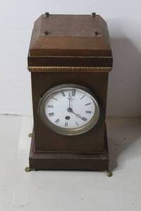 lot 381 image: vintage wooden mantel clock with a dark finish