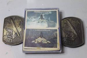 lot 391 image: 2- vintage Westinghouse F-16 Radar brass belt buckle & vintage United States Air Force F-111 playing cards