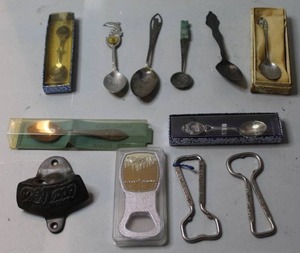 lot 393 image: collection consists of vintage souvenir spoons and bottle openers,
