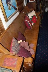 lot 408 image: vintage solid wood church pew bench with throw pillows