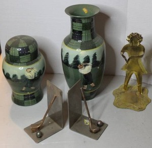 lot 421 image: vintage green golf-themed vase or ginger jar & vintage green golf-themed ceramic vase has a small chip in the top see pictures & vintage-style golf-themed bookends &  gold-colored metal sculpture