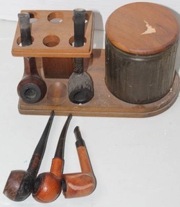 lot 423 image: vintage wooden smoking pipe rack and tobacco humidor set and pipes