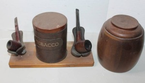 lot 425 image: vintage tobacco pipe stand and humidor set & pipes