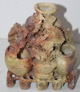 lot 433 image: vintage Chinese hand-carved soapstone vase featuring intricate floral designs